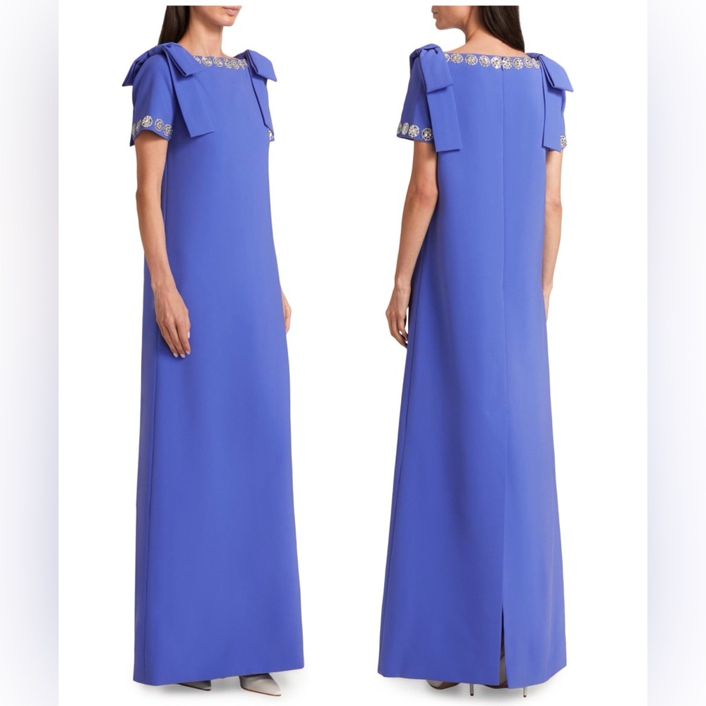 CAROLINA HERRERA Crystal-Trim Boatneck Column Gown With Shoulder Bows Maxi Dress - Picture 10 of 15